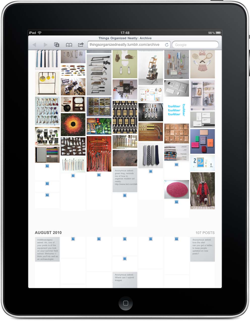Screenshot of Things Organized Neatly’s archive page with unloaded images